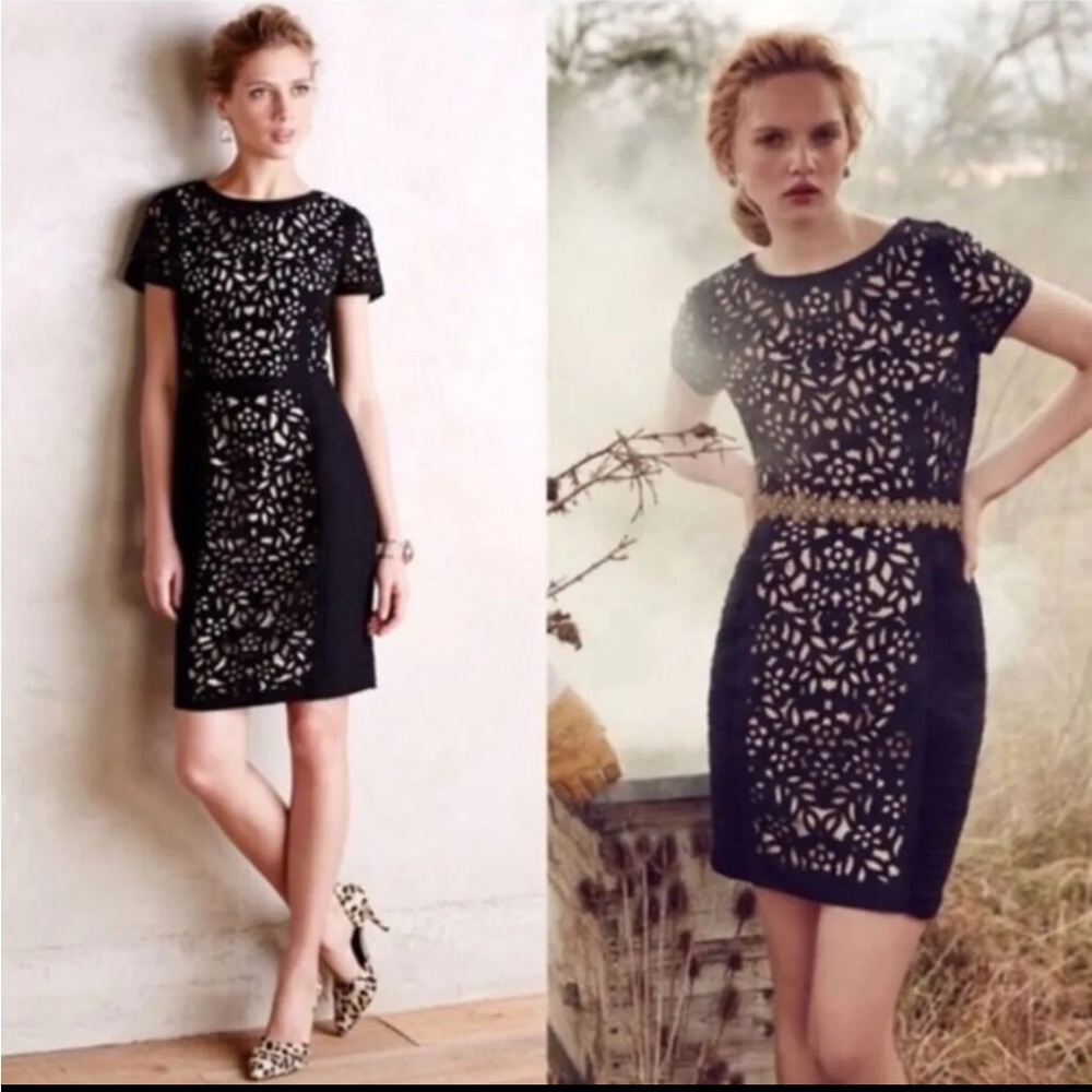 ANTHRO MAEVE LASER CUT BASALT BLACK SHORT SLEEVE SHEATH DRESS 8